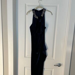 Macy's Navy Asymmetrical Dress with Embellished Neckline